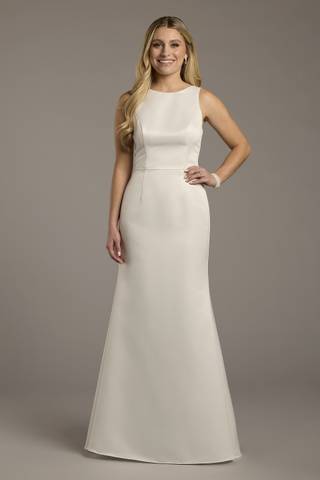 View The Edit By DB Studio High Neck Satin Bow Back Mermaid Wedding Dress in all available color and sizes Picture of High Neck Satin Bow Back Mermaid Wedding Dress
